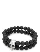 Double Beaded Bracelet With Lava-St , Onyx And Silver Skull Nialaya Bl...