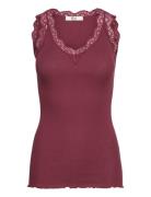 Rmwbalta Modal Sl Lace V-Neck Top RM By Rosemunde Burgundy