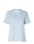 Slfessential Ss V-Neck Tee Noos Selected Blue