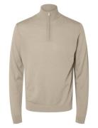 Slhtray Ls Knit Merino Half Zip Noos Selected Beige