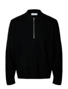 Slhtray Merino Brushed Relaxed Zip Polo Selected Black
