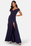 Goddiva Bardot Pleat Maxi Split Dress Navy S (UK10)