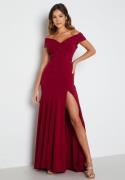 Goddiva Bardot Pleat Maxi Split Dress Wine XXL (UK18)