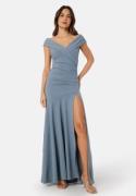 Goddiva Bardot Pleat Maxi Split Dress Air Force Blue S (UK10)