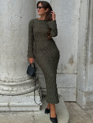 BUBBLEROOM Structure Long Sleeve Midi Dress Khaki green XS