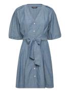 Belted Denim Bubble-Sleeve Shirtdress Kort Kjole Blue Lauren Ralph Lau...