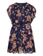 Floral Crinkle Georgette Tie-Neck Dress Kort Kjole Navy Lauren Women