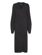 V-Neck Knitted Dress Knælang Kjole Black Gina Tricot