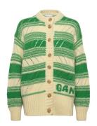 Organic Wool Cardigan - Striped Tops Knitwear Cardigans Green Ganni
