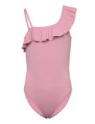 Asymmetric Ruffle Swimsuit Badedragt Badetøj Pink Mango