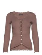 Silk Cardigan W/ Lace Tops Knitwear Cardigans Brown Rosemunde