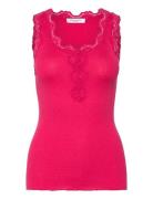 Silk Top W/ Button & Lace Tops T-shirts & Tops Sleeveless Pink Rosemun...