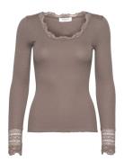 Silk T-Shirt W/ Lace Tops T-shirts & Tops Long-sleeved Grey Rosemunde