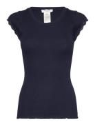 Short Sleeve Top W/ Lace Tops T-shirts & Tops Short-sleeved Navy Rosem...