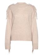 Boxy O-Neck Sweater Fringes Tops Knitwear Jumpers Beige Davida Cashmer...