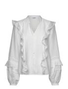 Margaret V-Neck Frill Blouse Tops Blouses Long-sleeved White Bubbleroo...