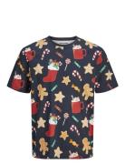 Jjxmas Merry Aop Tee Ss Crew Neck Tops T-Kortærmet Skjorte Navy Jack &...