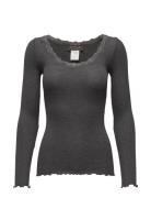 Silk T-Shirt W/ Lace Tops T-shirts & Tops Long-sleeved Grey Rosemunde