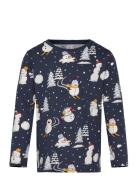 Top Ls Snowman Story Aop Tops T-shirts Long-sleeved T-Skjorte Navy Lin...