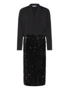 Sequin Trumpet Sleeve Midi Dress Knælang Kjole Black Bubbleroom