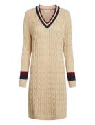 Varsity Cable V-Nk Swt Dress Ls Knælang Kjole Beige Tommy Hilfiger