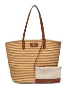 Leather-Trim Straw Large Brie Tote Bag Shopper Taske Beige Lauren Ralp...