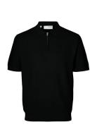 Slhcran Ss Knit Structure Half Zip Polo Tops Polos Short-sleeved Black...