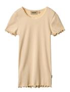 Rib T-Shirt Lace Ss Tops T-Kortærmet Skjorte Yellow Wheat