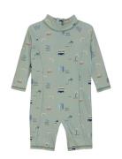 Baby Suit L/S, Aop Badedragt Badetøj Green Color Kids