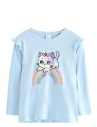 Top With Frill Detail Cat Prin Tops T-shirts Long-sleeved T-Skjorte Bl...